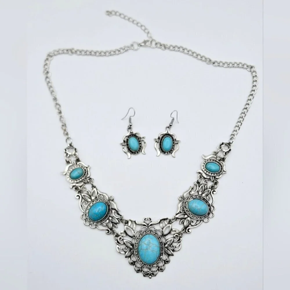 Turquoise Statement Necklace Set Silver Boho Western Bib Earrings Vintage